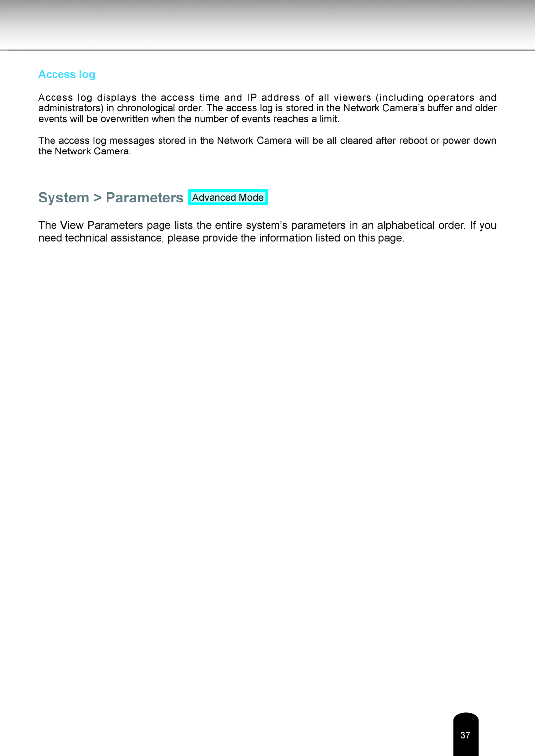 Toshiba IK-WB81A user manual System Parameters, Access log 