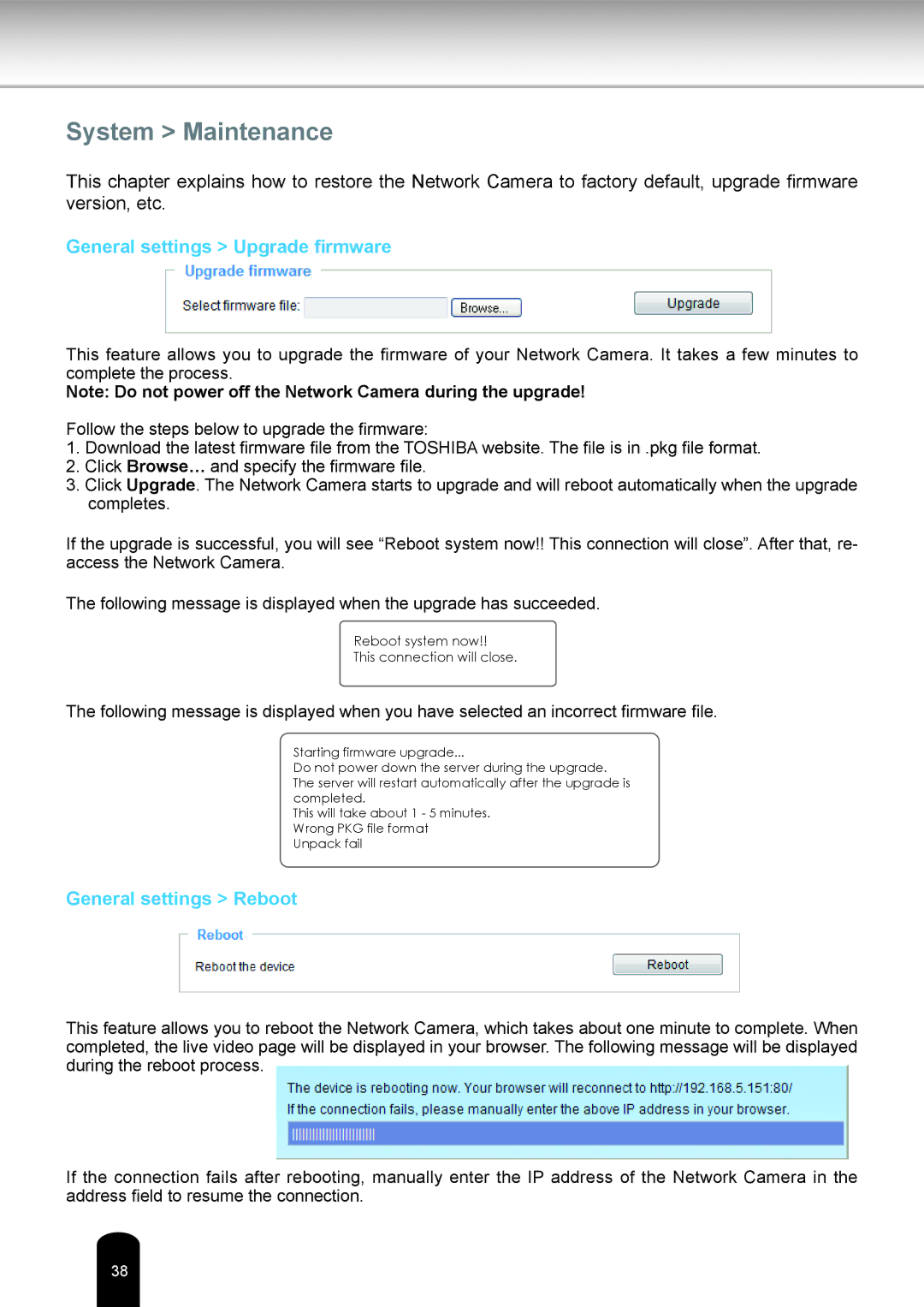 Toshiba IK-WB81A user manual System Maintenance, General settings Upgrade firmware, General settings Reboot 