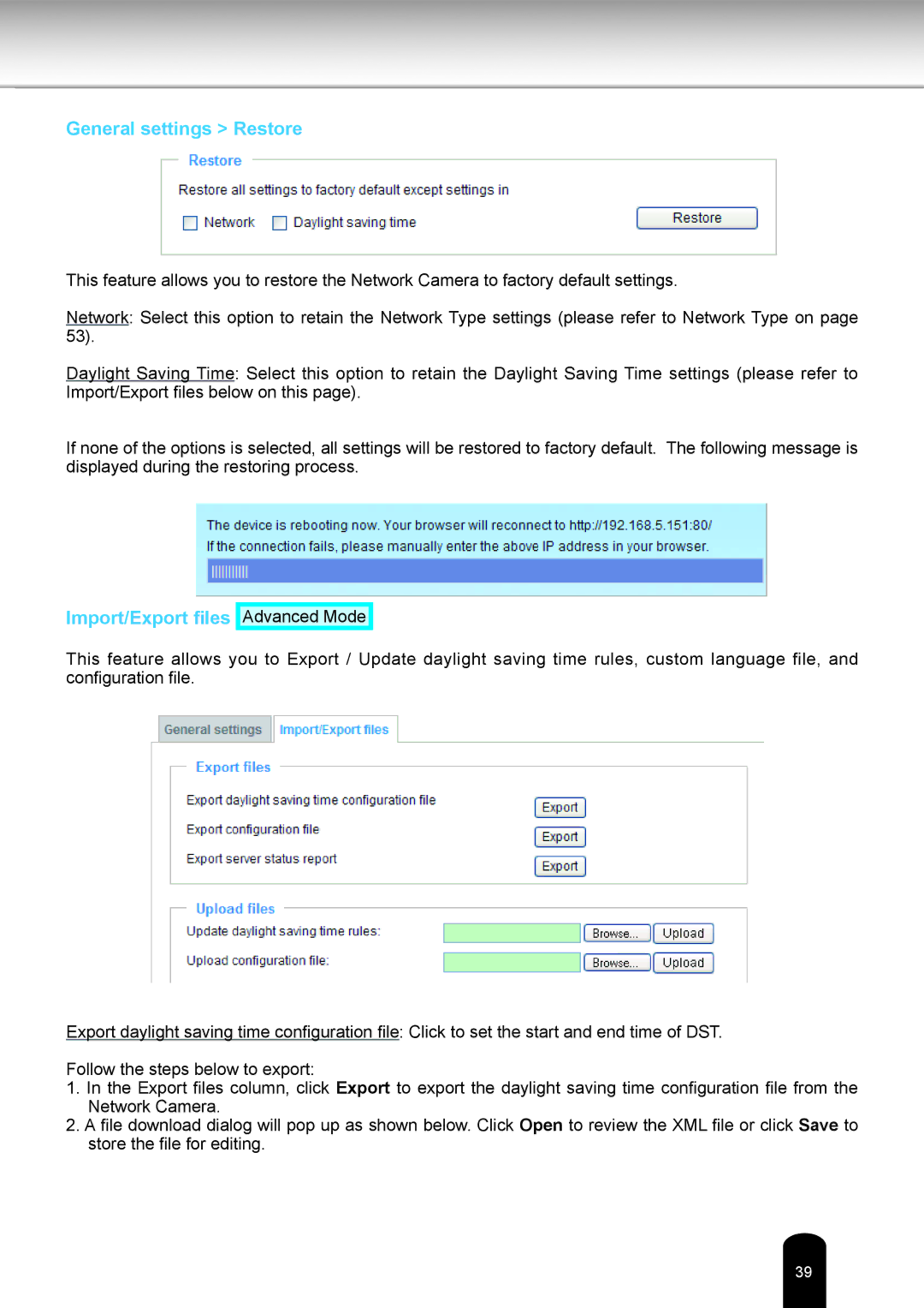 Toshiba IK-WB81A user manual General settings Restore, Import/Export files 