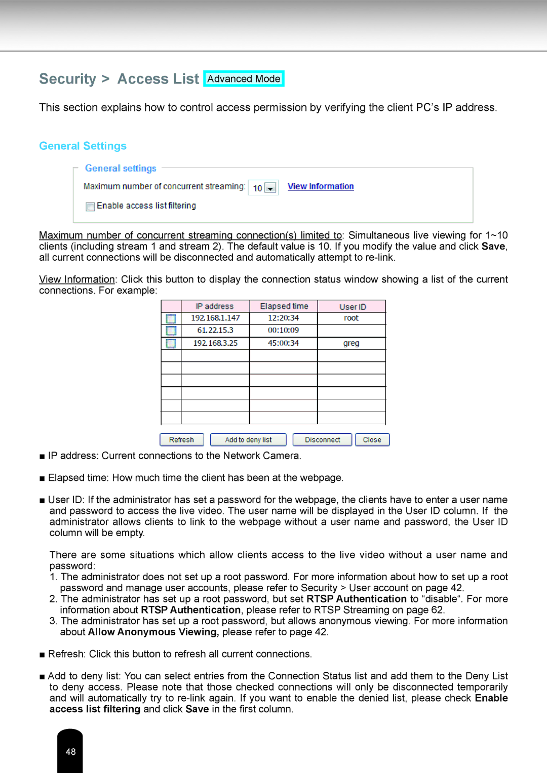 Toshiba IK-WB81A user manual Security Access List, General Settings 