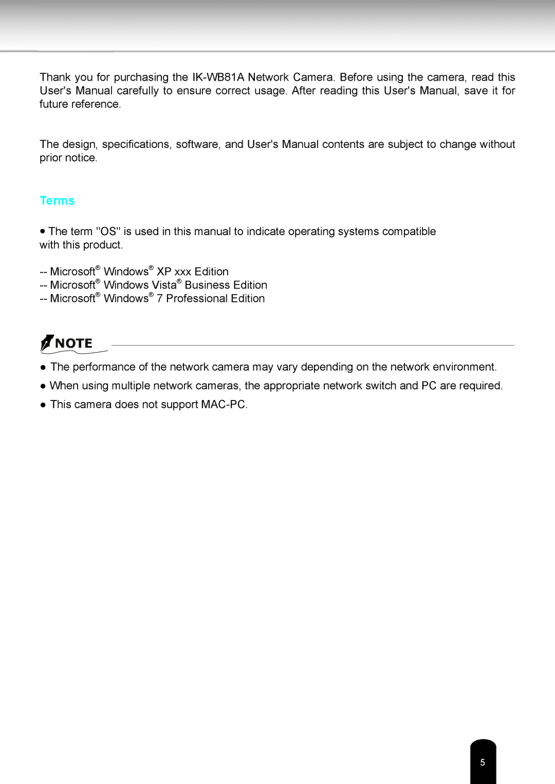 Toshiba IK-WB81A user manual Terms 