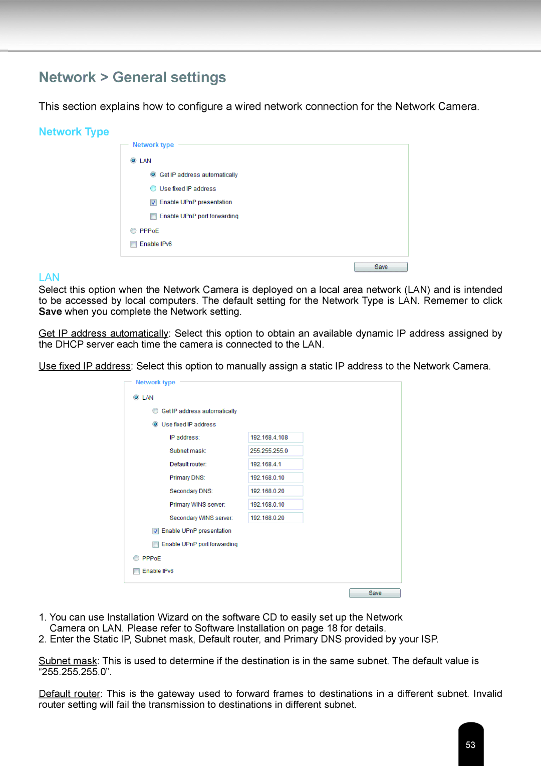 Toshiba IK-WB81A user manual Network General settings, Network Type 