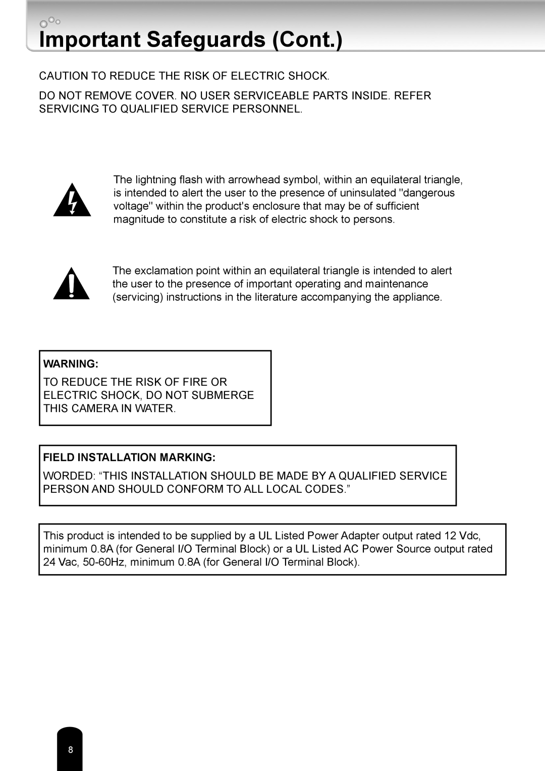 Toshiba IK-WB81A user manual Field Installation Marking 