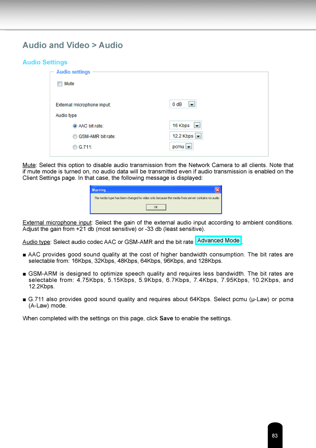 Toshiba IK-WB81A user manual Audio and Video Audio, Audio Settings 