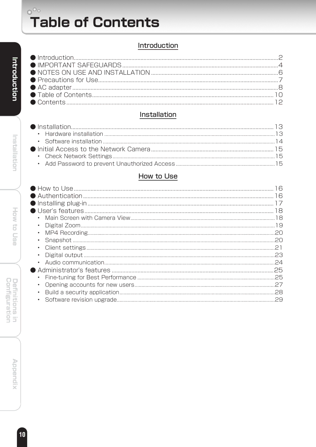 Toshiba IK-WD01A manual Table of Contents 