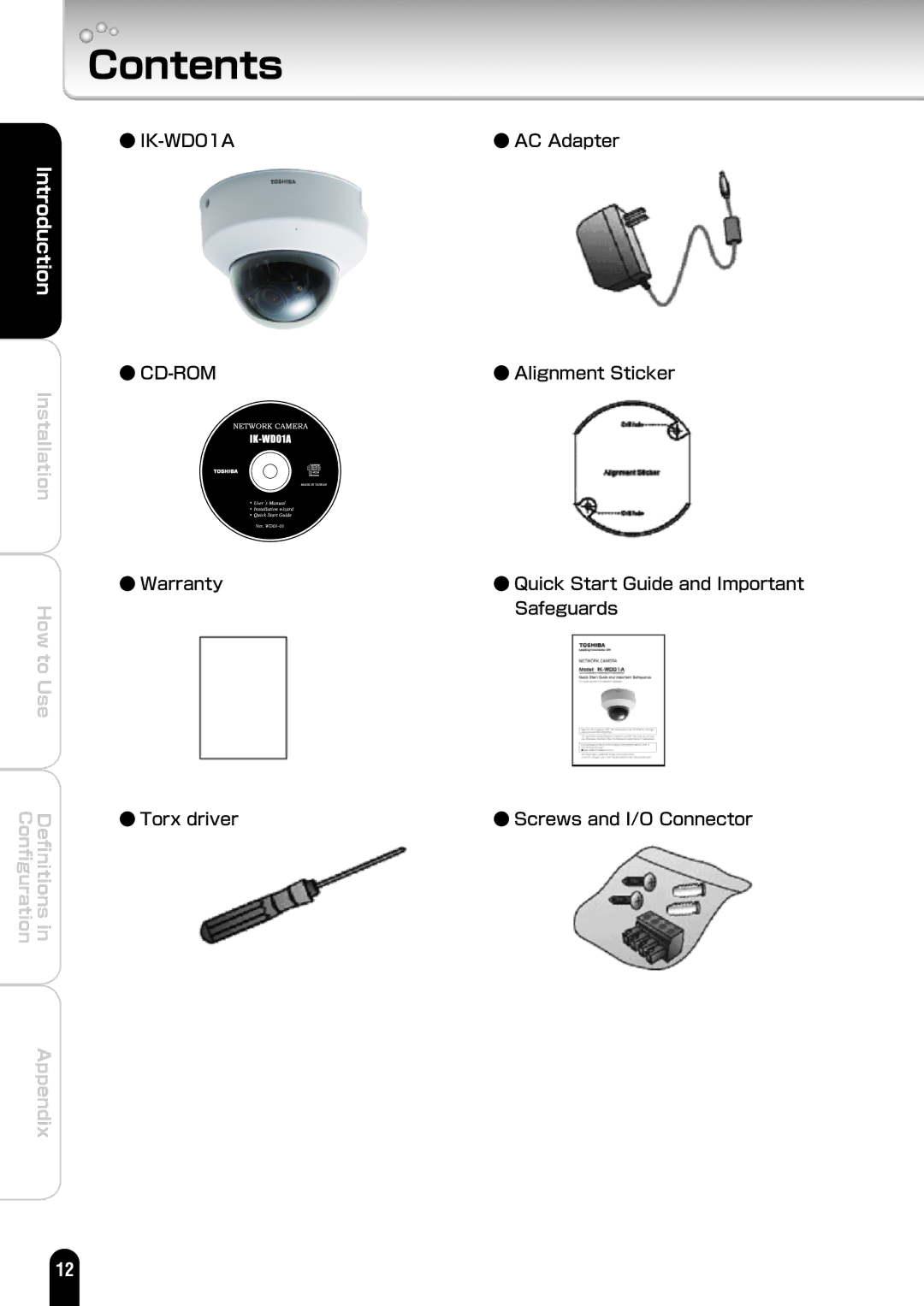 Toshiba IK-WD01A manual Contents 