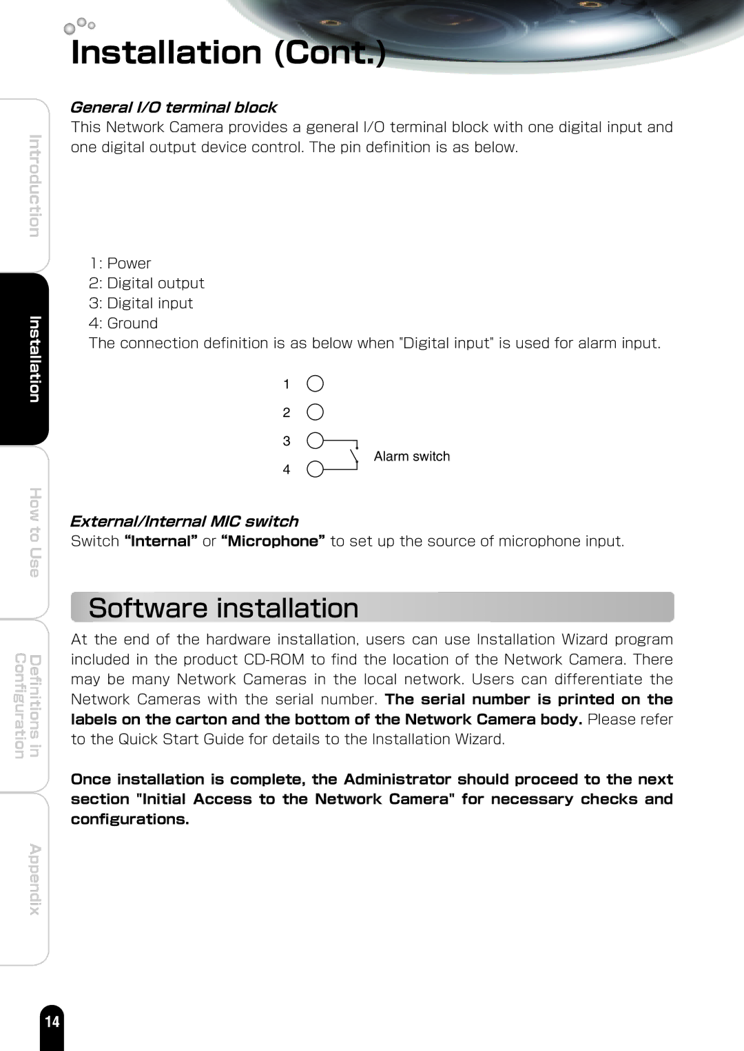 Toshiba IK-WD01A manual Software installation, General I/O terminal block 