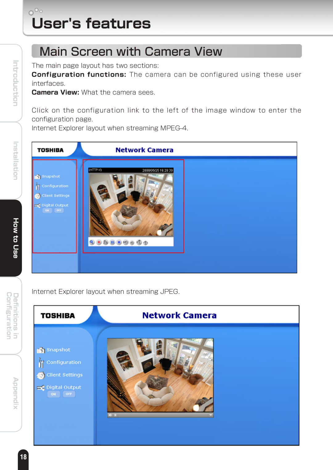 Toshiba IK-WD01A manual Users features, Main Screen with Camera View 