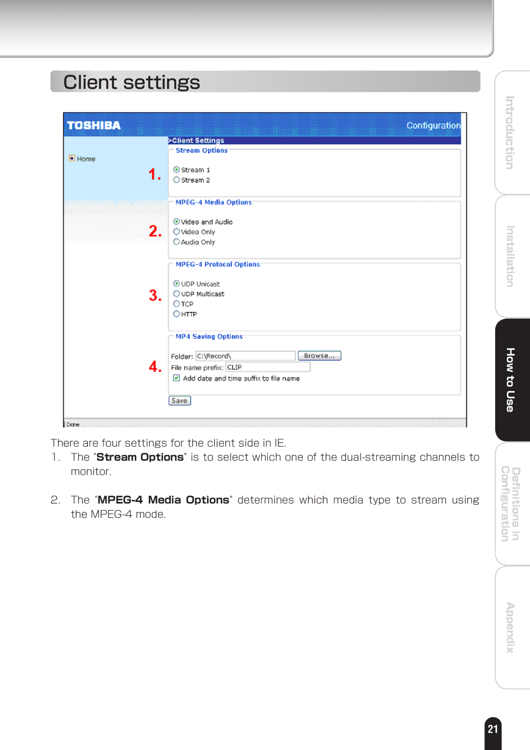 Toshiba IK-WD01A manual Client settings 