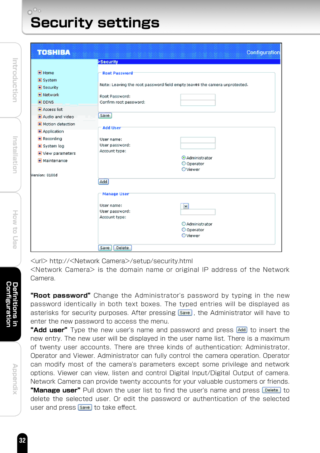 Toshiba IK-WD01A manual Security settings 