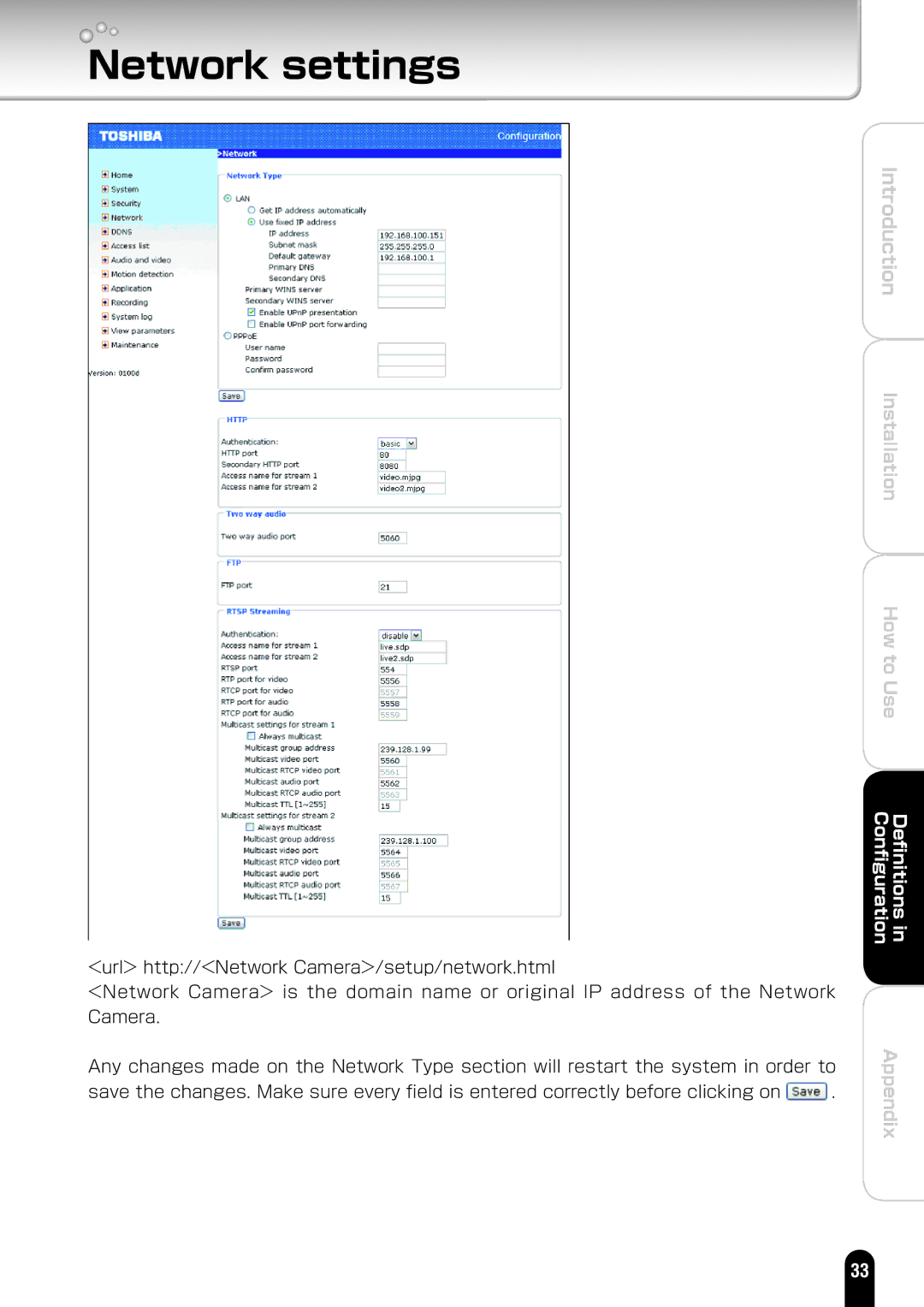 Toshiba IK-WD01A manual Network settings 