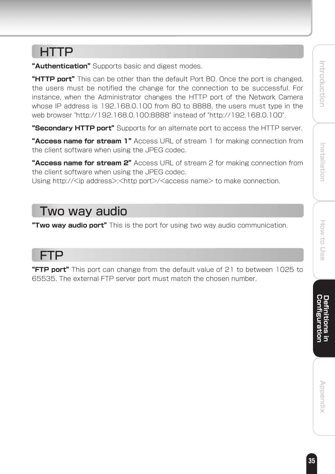 Toshiba IK-WD01A manual Http, Two way audio 