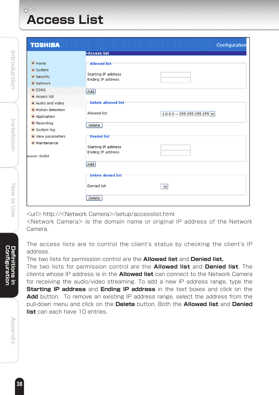 Toshiba IK-WD01A manual Access List 