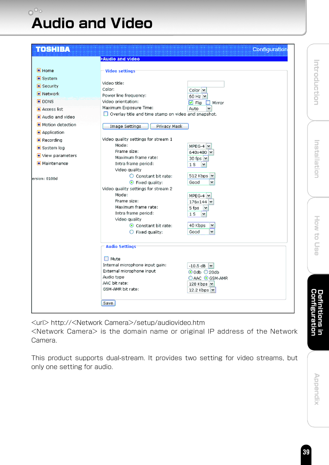 Toshiba IK-WD01A manual Audio and Video 