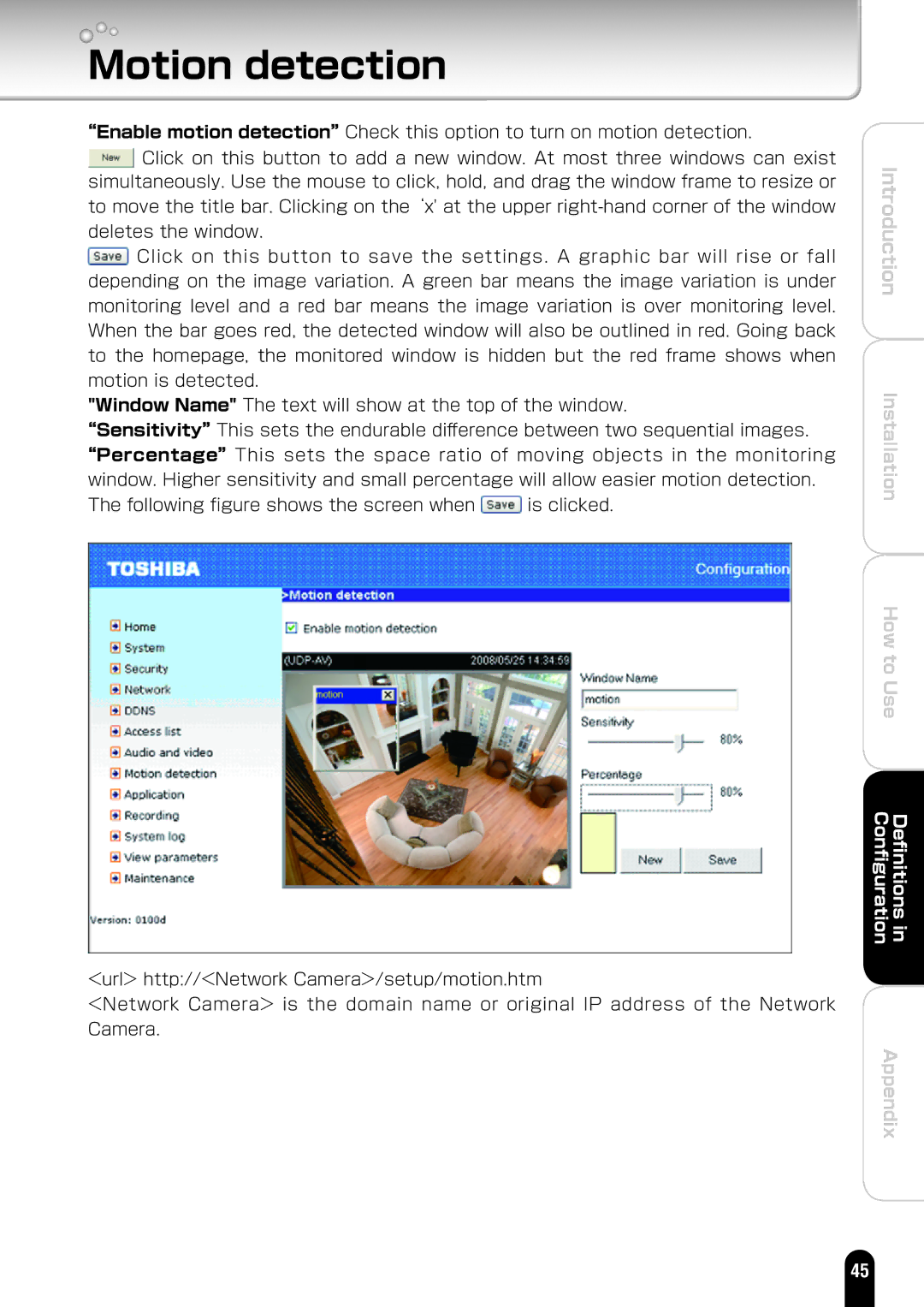 Toshiba IK-WD01A manual Motion detection 