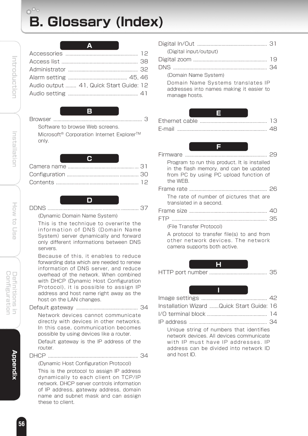 Toshiba IK-WD01A manual Glossary Index, Audio output 41, Quick Start Guide 