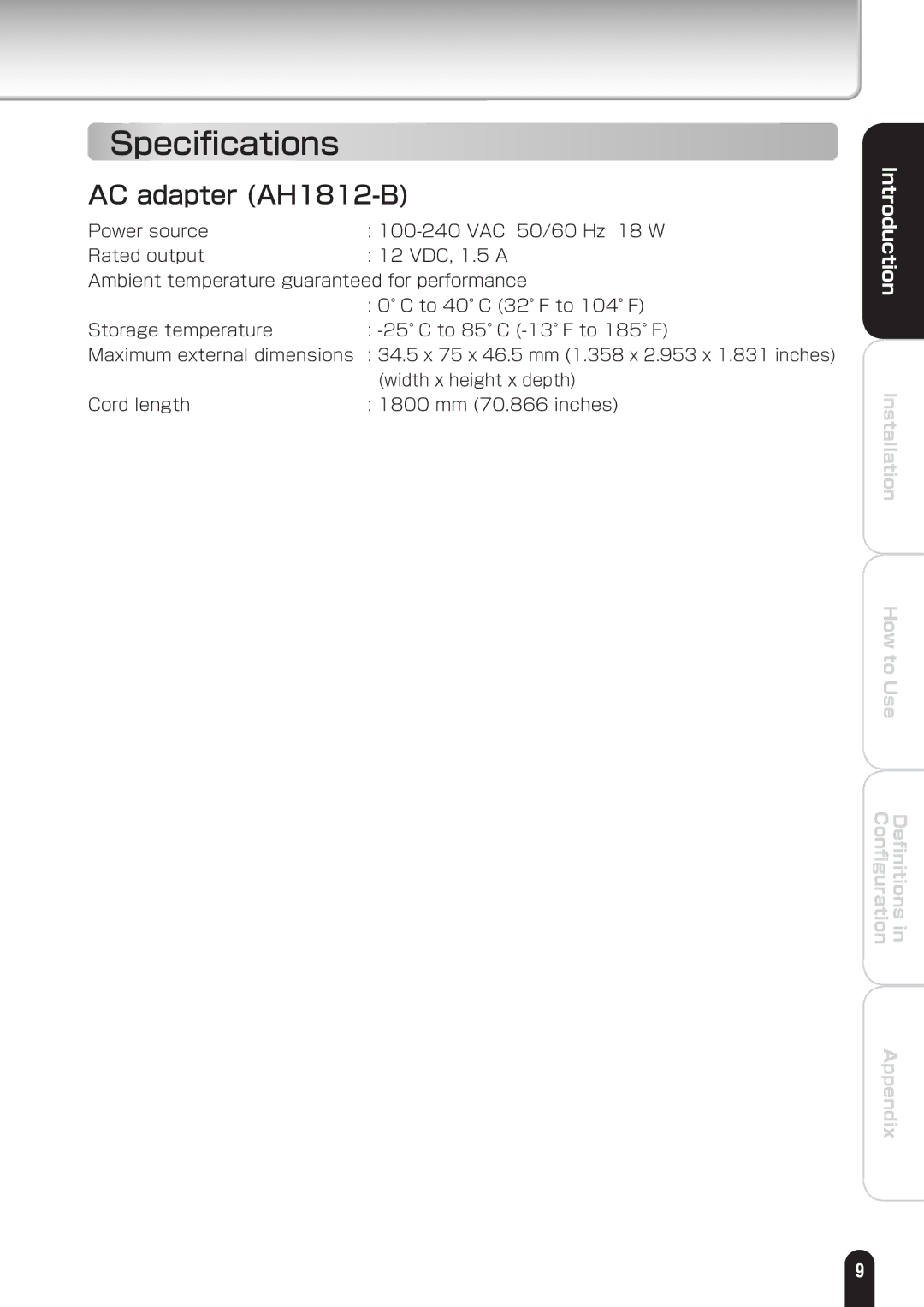 Toshiba IK-WD01A manual Speciﬁcations, AC adapter AH1812-B 