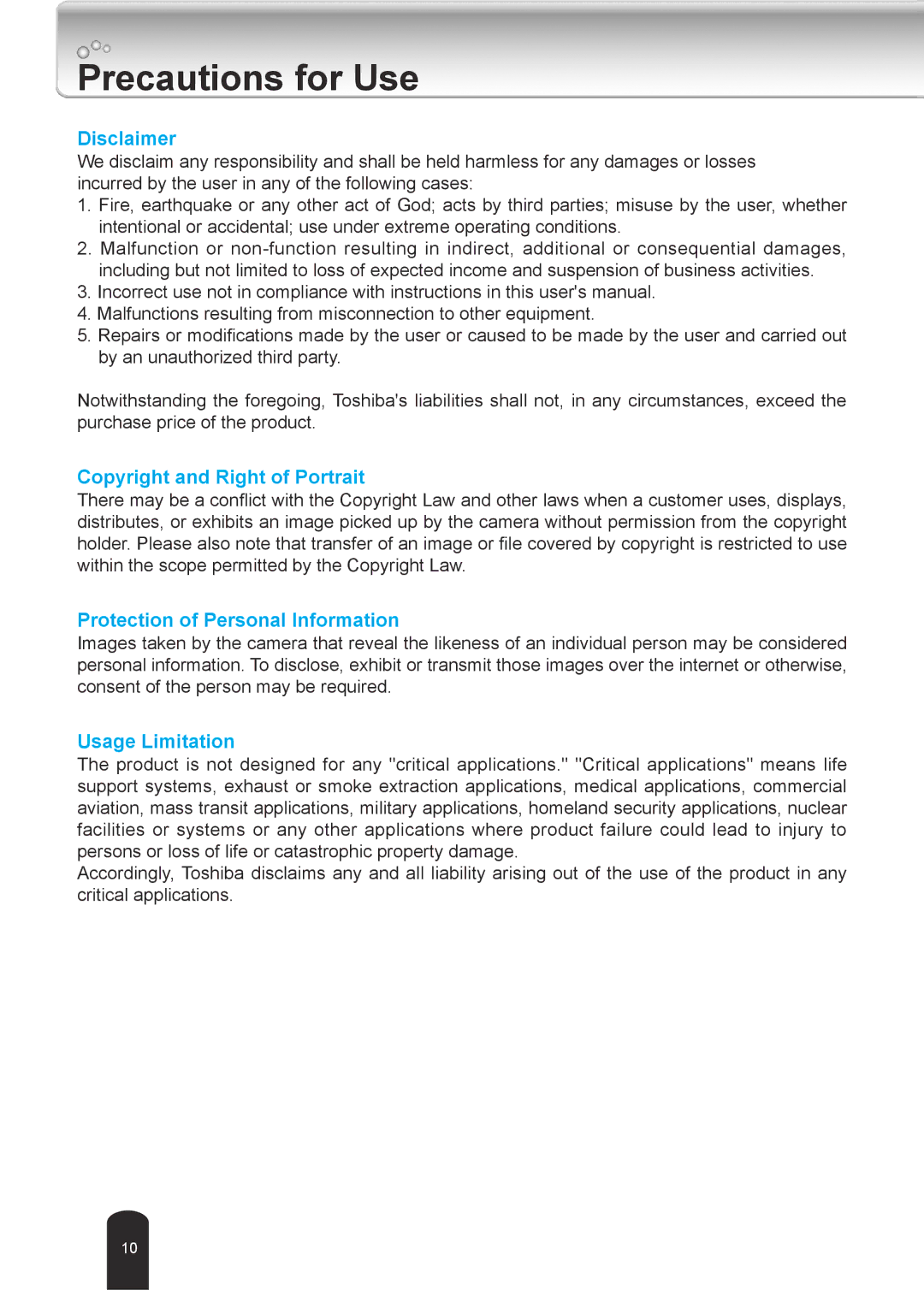 Toshiba IK-WD04A user manual Precautions for Use, Disclaimer 