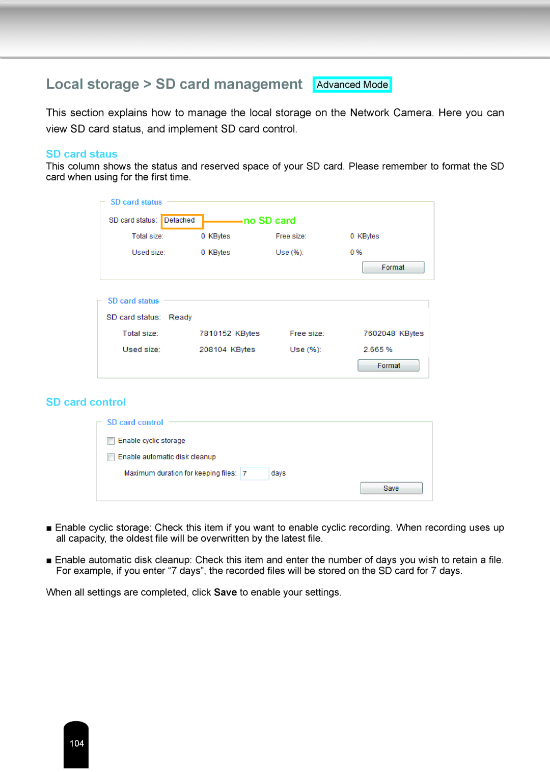 Toshiba IK-WD04A user manual Local storage SD card management, SD card staus, SD card control 