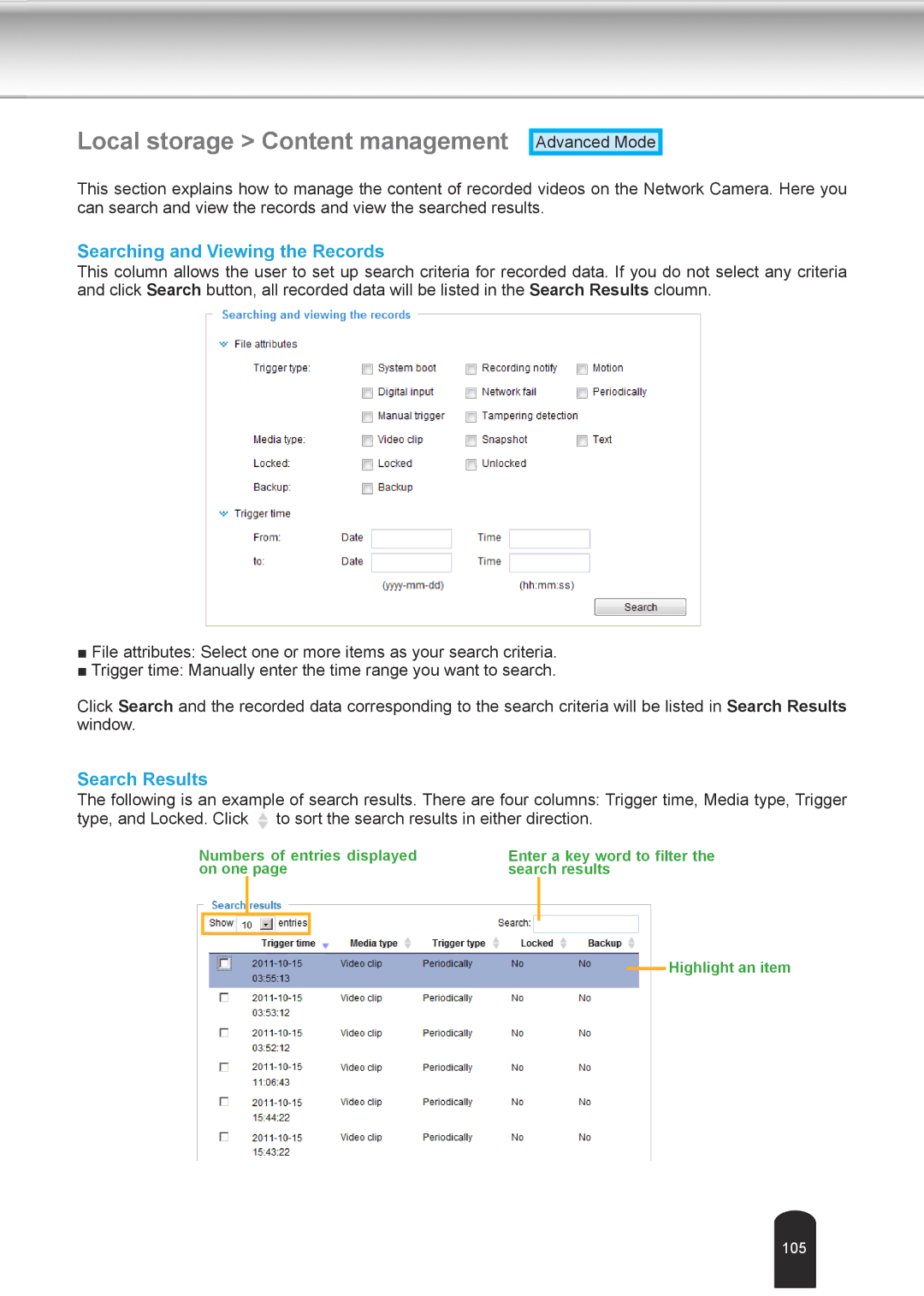 Toshiba IK-WD04A user manual Local storage Content management, Searching and Viewing the Records, Search Results 