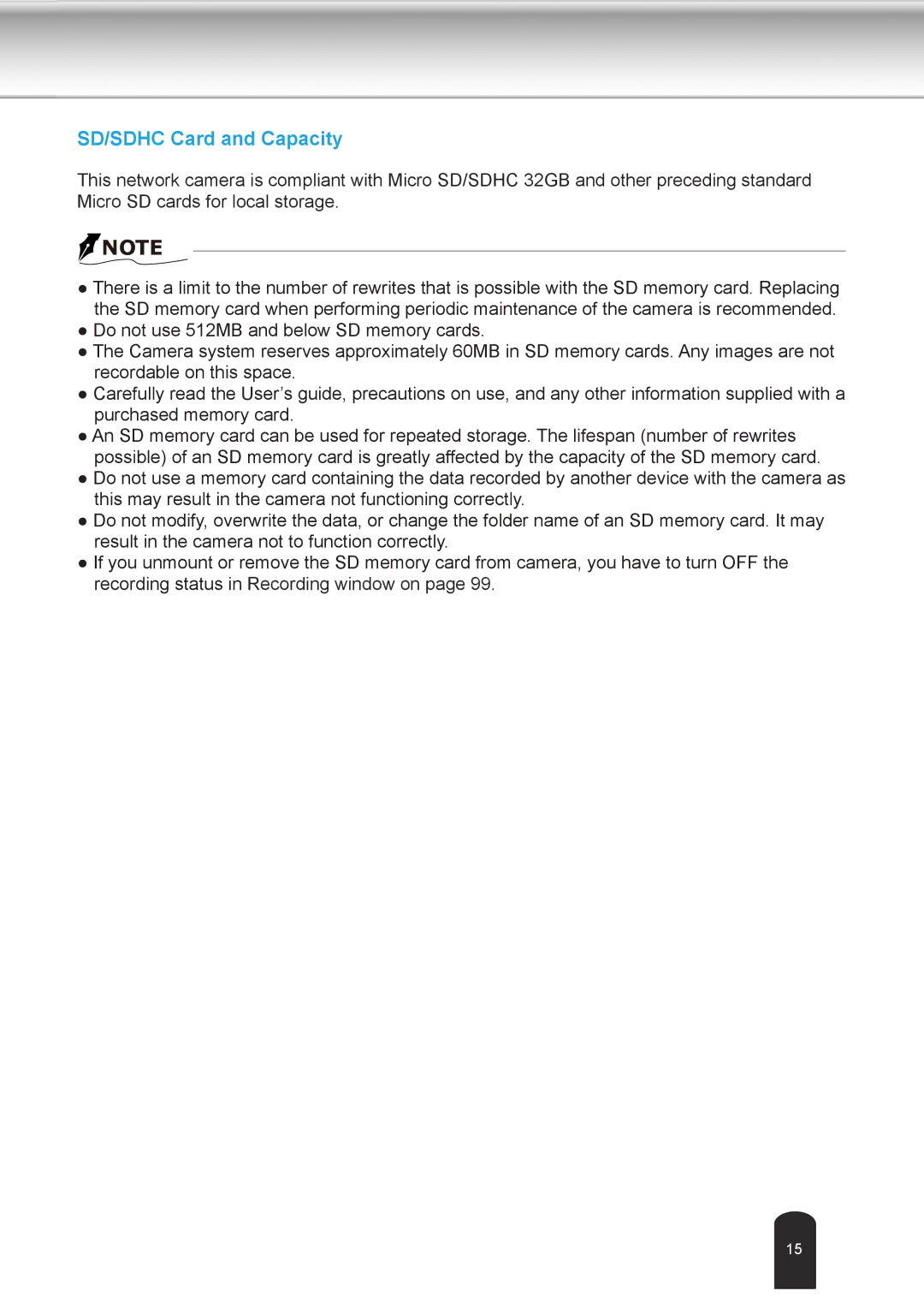 Toshiba IK-WD04A user manual SD/SDHC Card and Capacity 