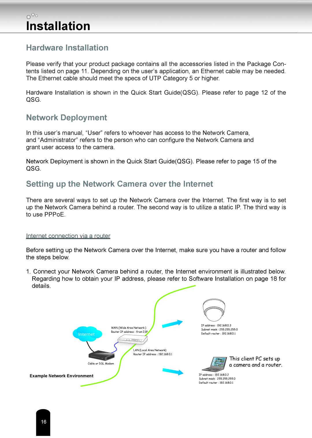 Toshiba IK-WD04A user manual Hardware Installation, Network Deployment, Setting up the Network Camera over the Internet 