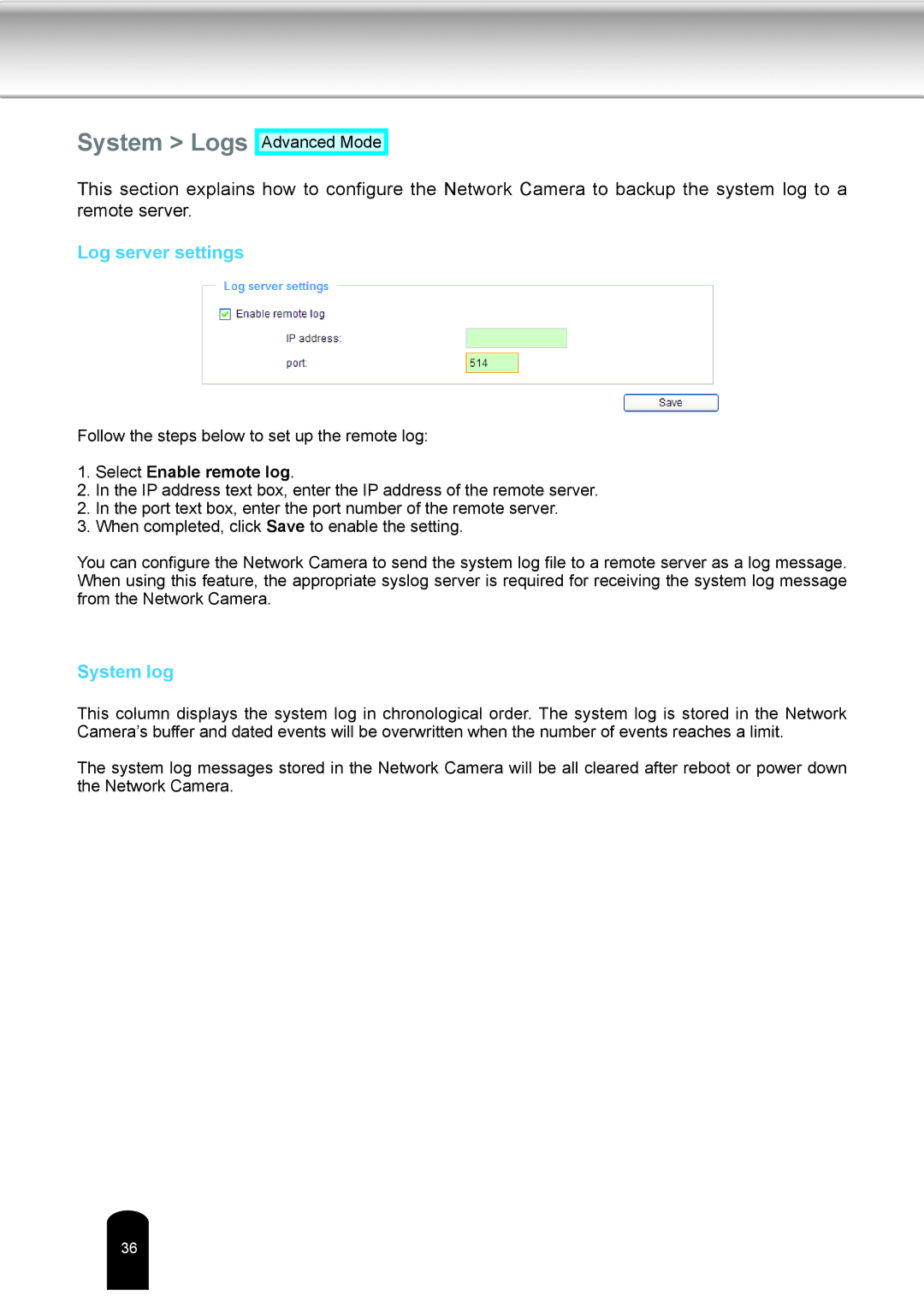 Toshiba IK-WD04A user manual System Logs, Log server settings, System log 