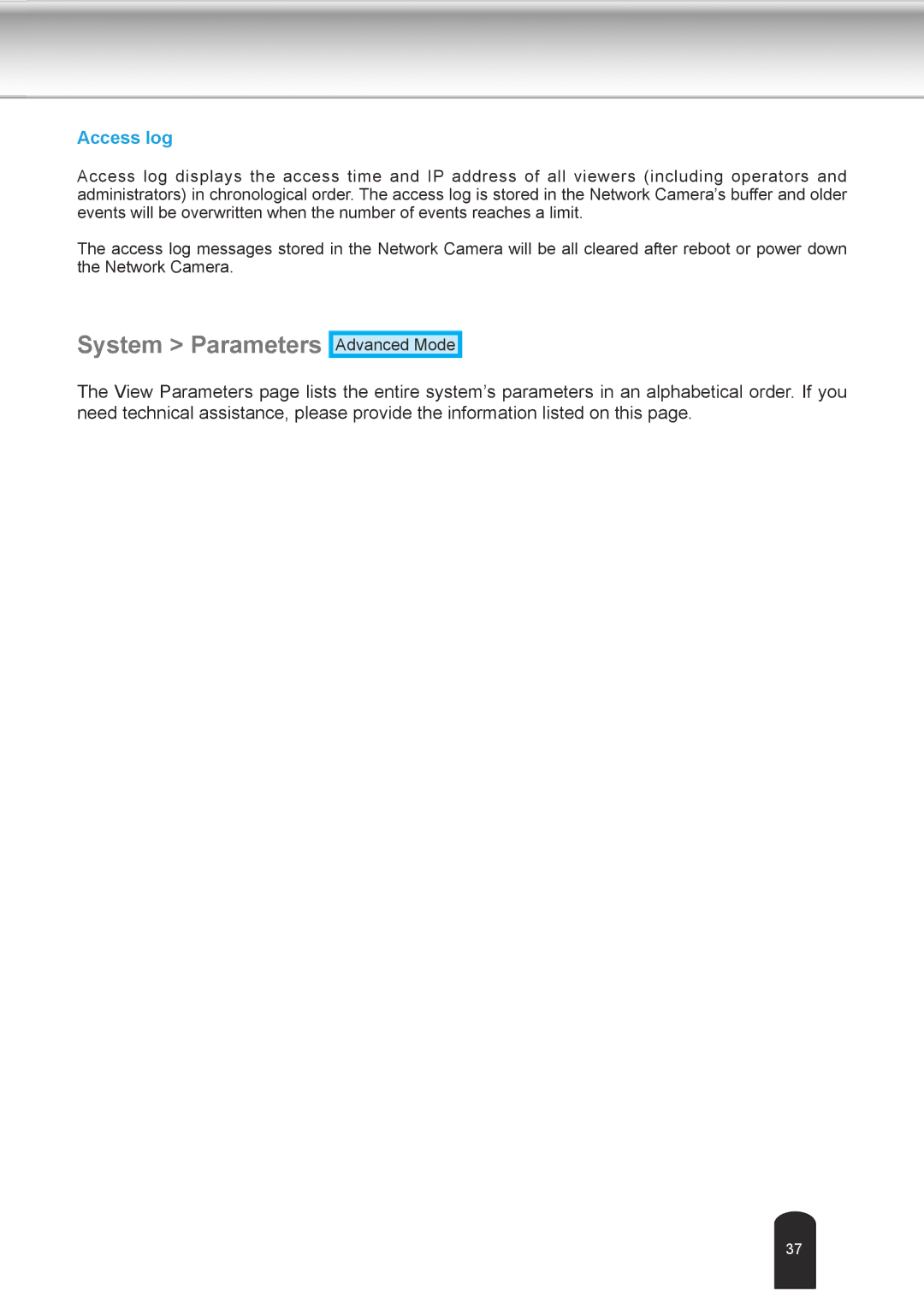 Toshiba IK-WD04A user manual System Parameters, Access log 