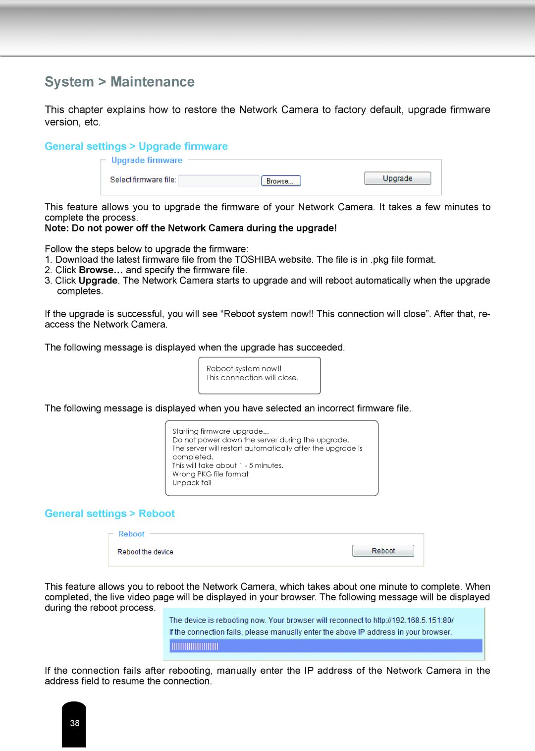 Toshiba IK-WD04A user manual System Maintenance, General settings Upgrade firmware, General settings Reboot 