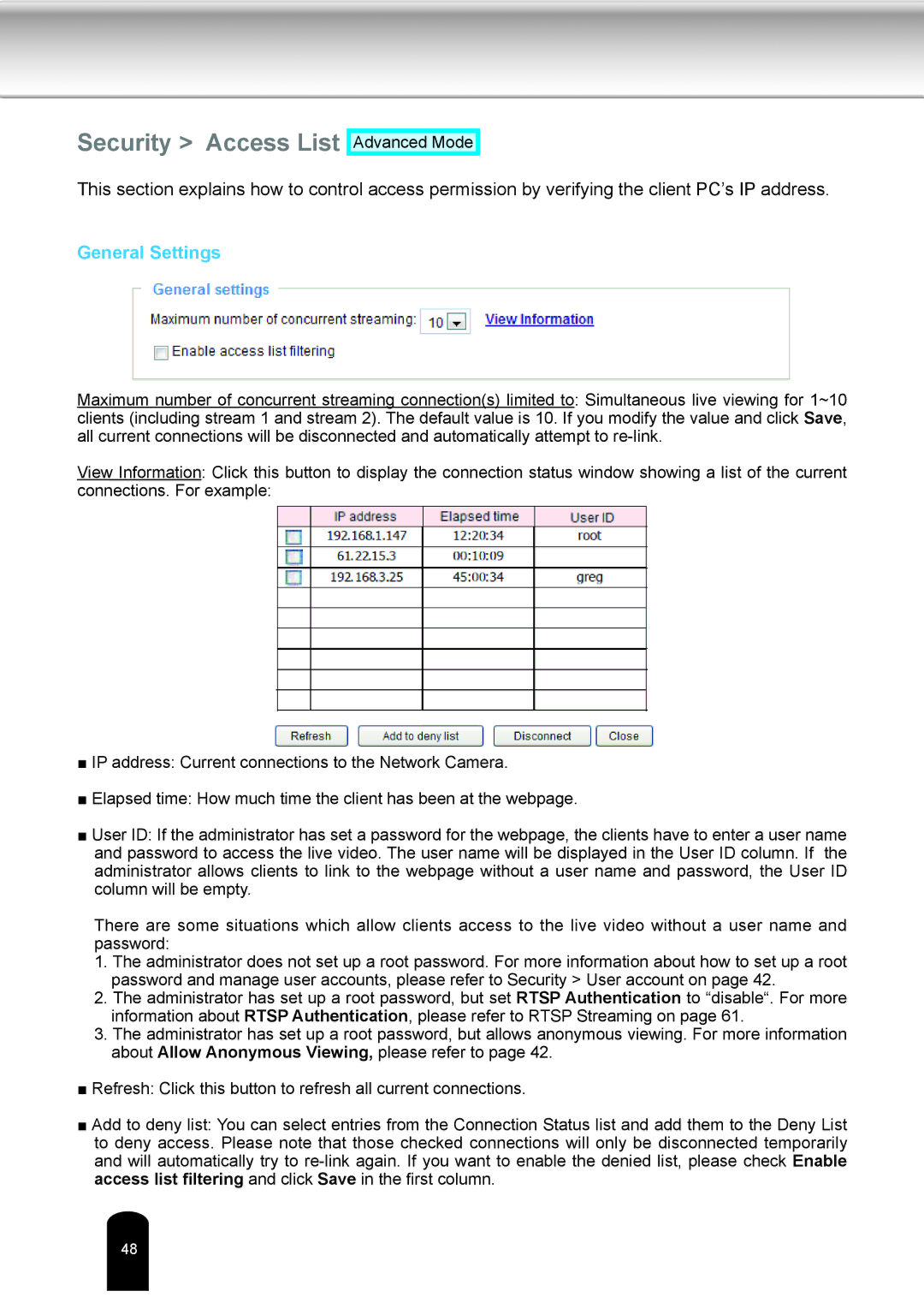 Toshiba IK-WD04A user manual Security Access List, General Settings 