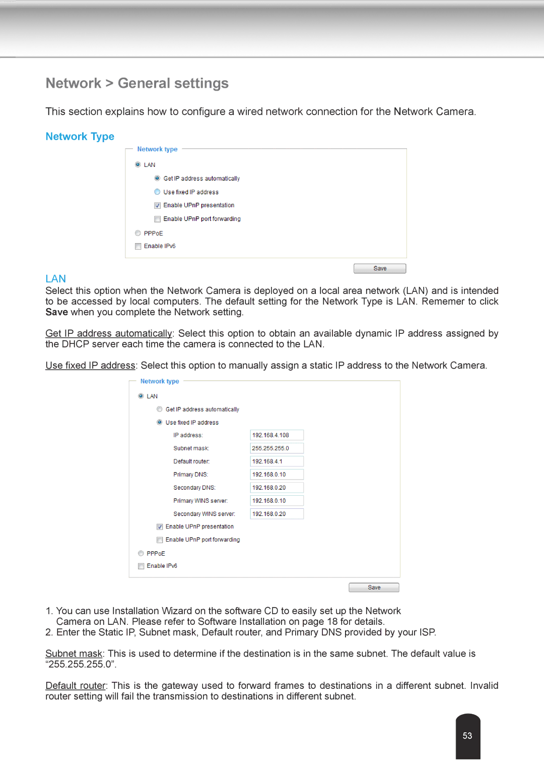 Toshiba IK-WD04A user manual Network General settings, Network Type 