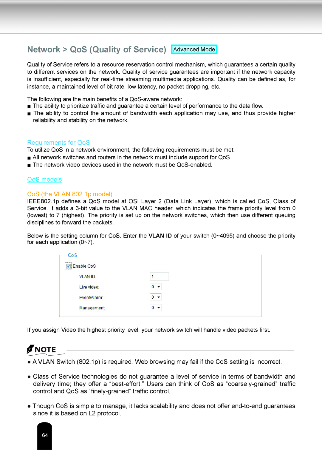 Toshiba IK-WD04A user manual Network QoS Quality of Service, Requirements for QoS 