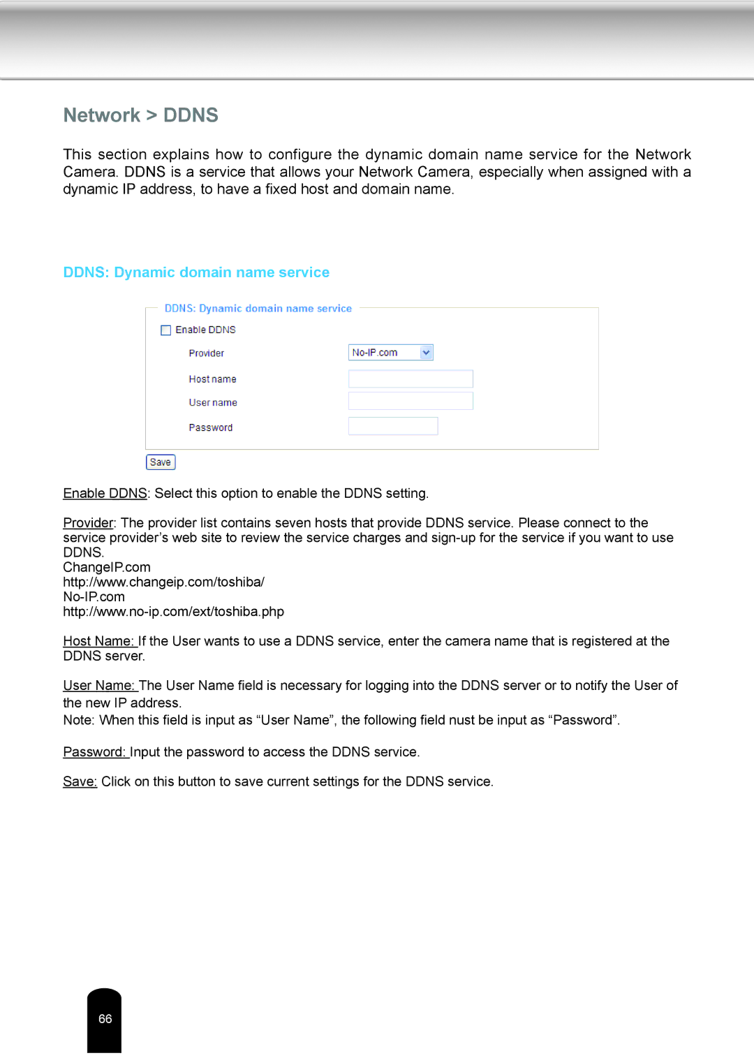 Toshiba IK-WD04A user manual Network Ddns, Ddns Dynamic domain name service 