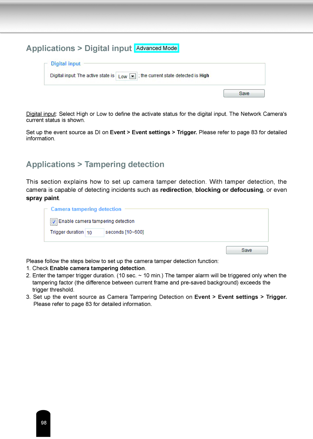 Toshiba IK-WD04A user manual Applications Digital input, Applications Tampering detection 