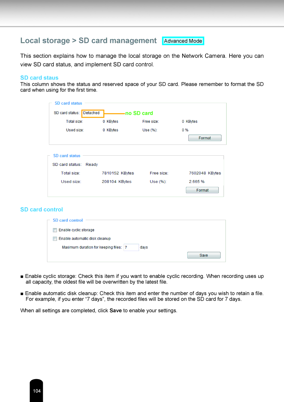 Toshiba IK-WD05A user manual Local storage SD card management, SD card staus, SD card control 