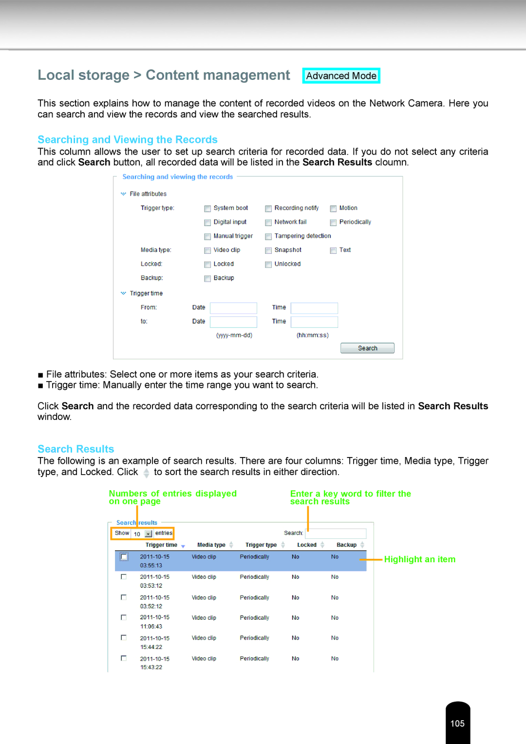 Toshiba IK-WD05A user manual Local storage Content management, Searching and Viewing the Records, Search Results 