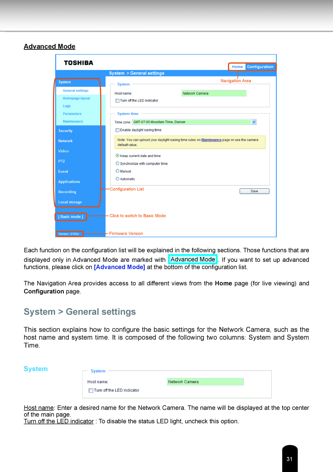 Toshiba IK-WD05A user manual System General settings 