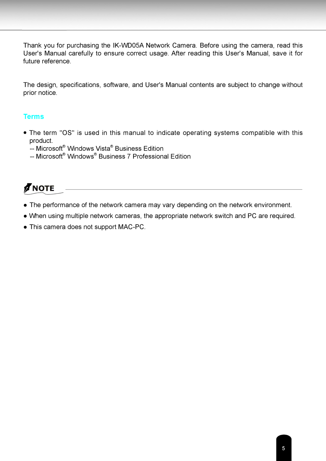 Toshiba IK-WD05A user manual Terms 