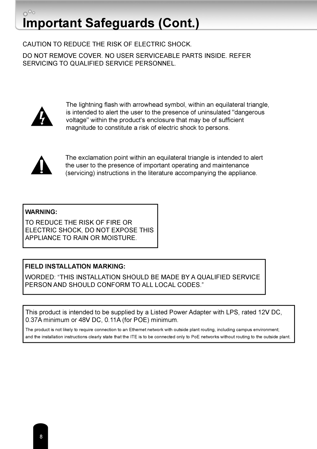 Toshiba IK-WD05A user manual Field Installation Marking 