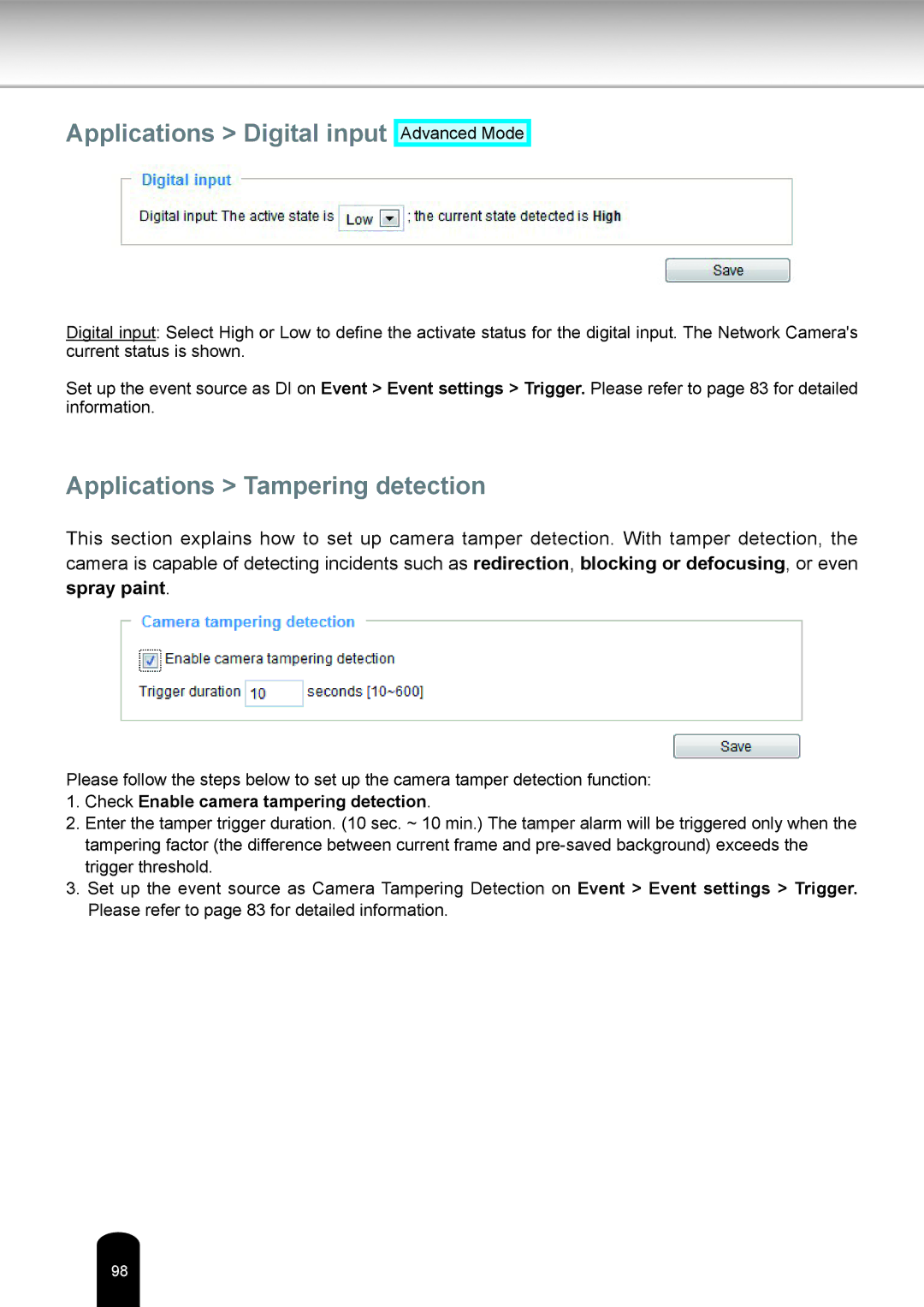 Toshiba IK-WD05A user manual Applications Digital input, Applications Tampering detection 