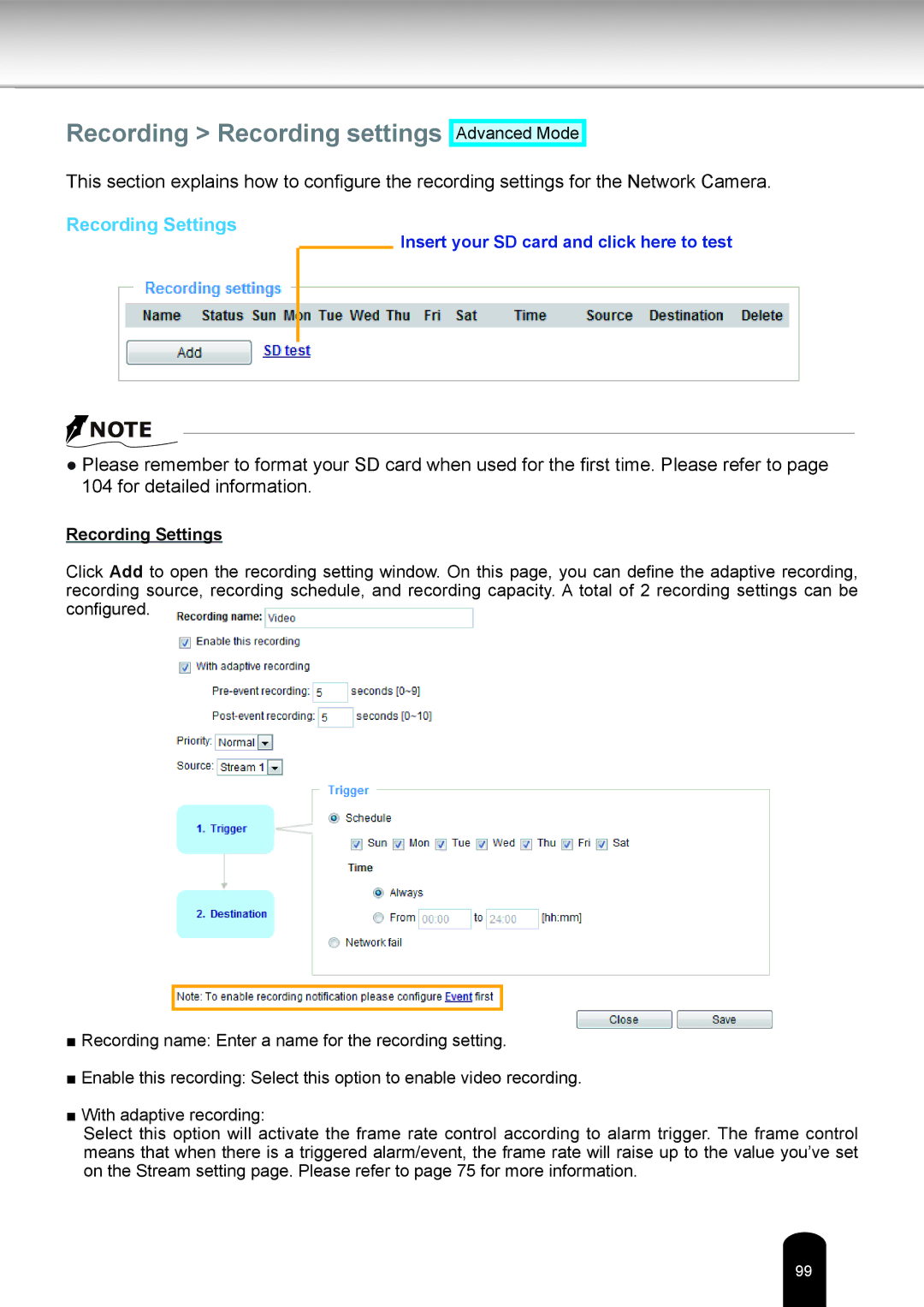 Toshiba IK-WD05A user manual Recording Recording settings, Recording Settings 