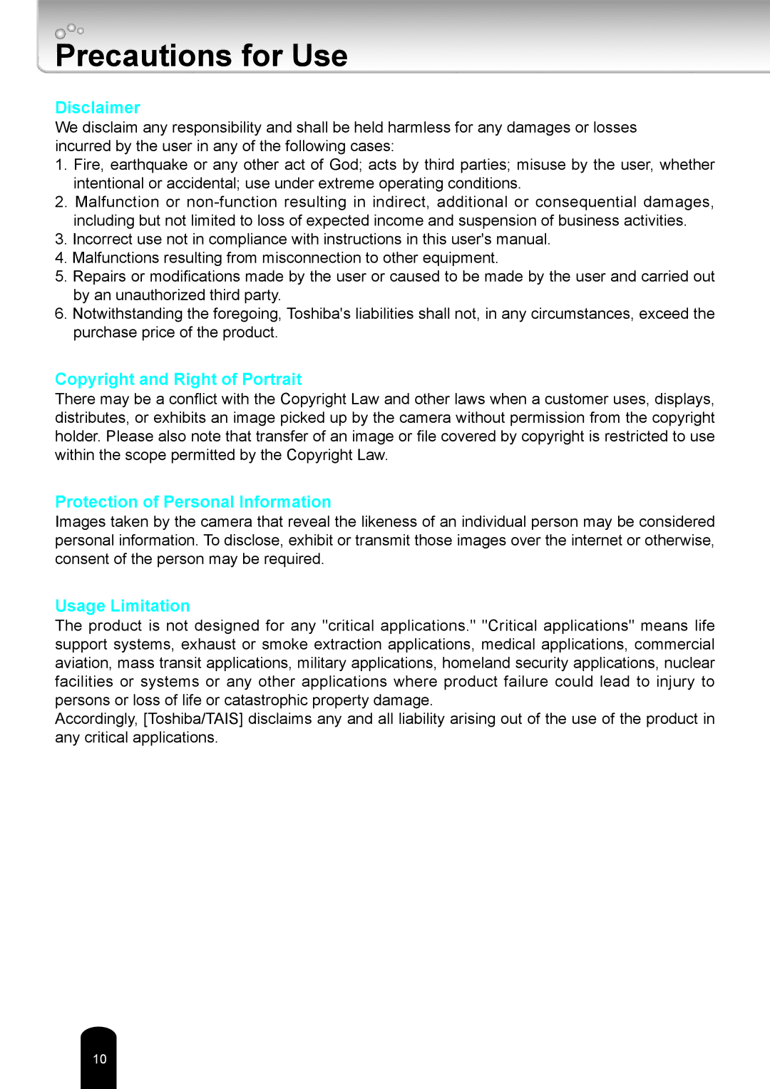 Toshiba IK-WD12A user manual Precautions for Use, Disclaimer 