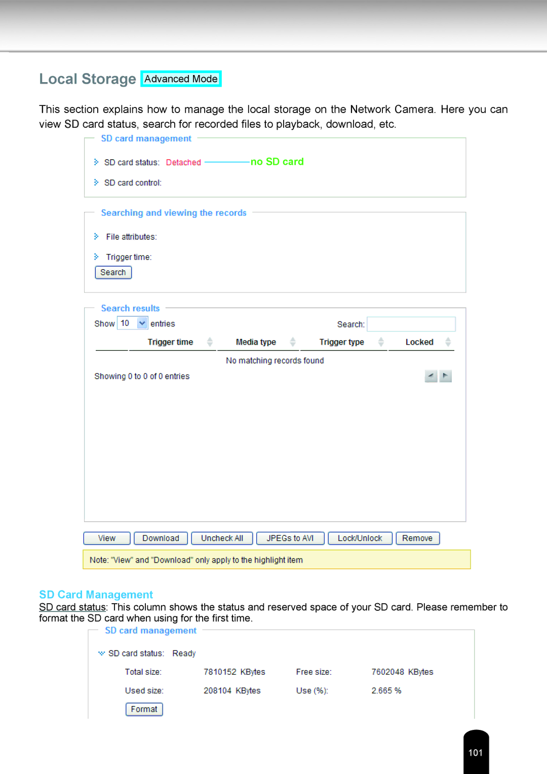 Toshiba IK-WD12A user manual Local Storage, SD Card Management 