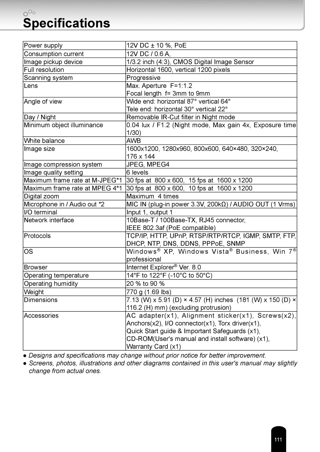 Toshiba IK-WD12A user manual Specifications, JPEG, MPEG4 