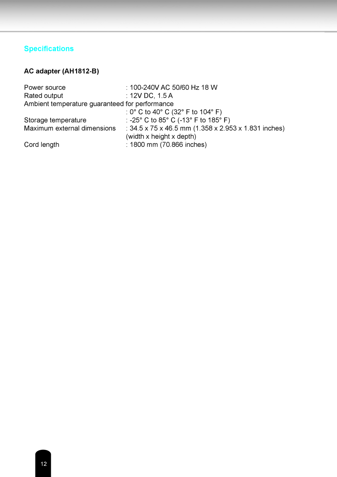 Toshiba IK-WD12A user manual Specifications 