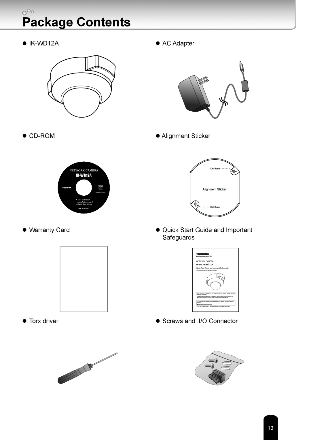 Toshiba IK-WD12A user manual Package Contents 