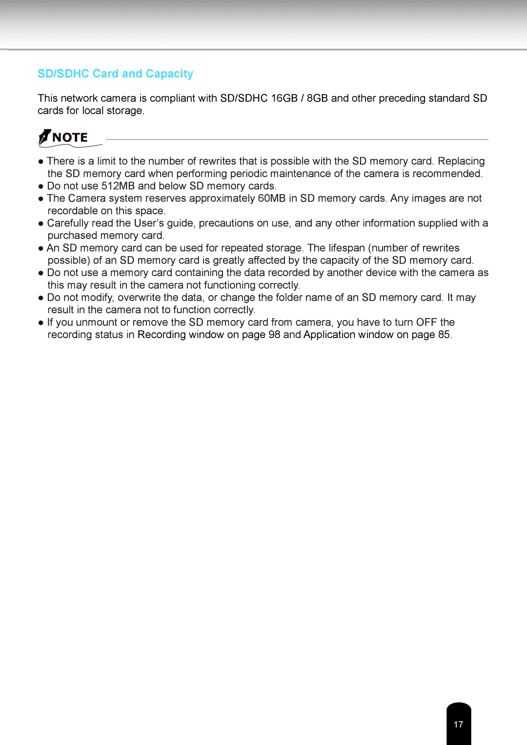 Toshiba IK-WD12A user manual SD/SDHC Card and Capacity 