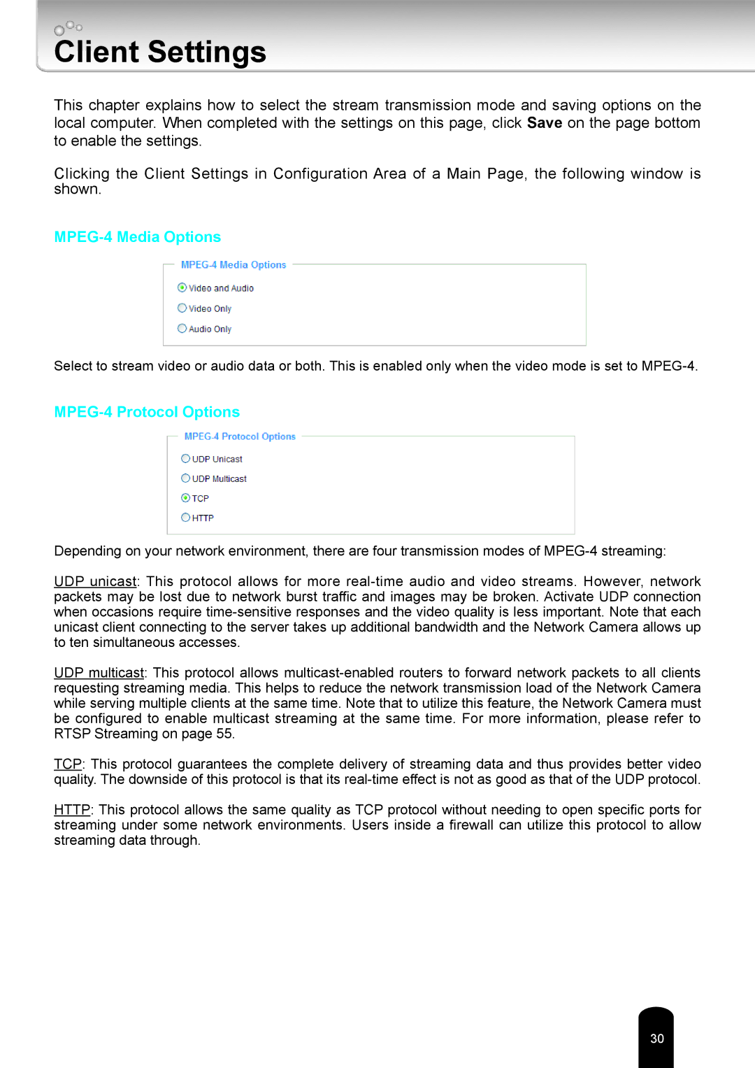 Toshiba IK-WD12A user manual Client Settings, MPEG-4 Media Options 