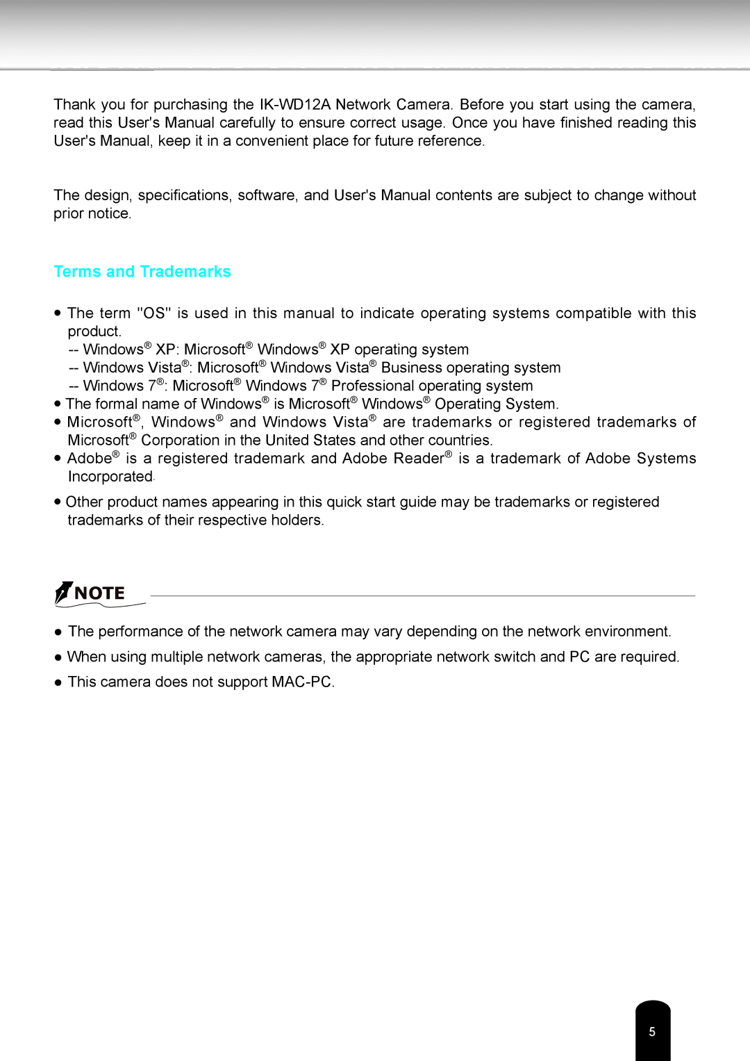 Toshiba IK-WD12A user manual Terms and Trademarks 