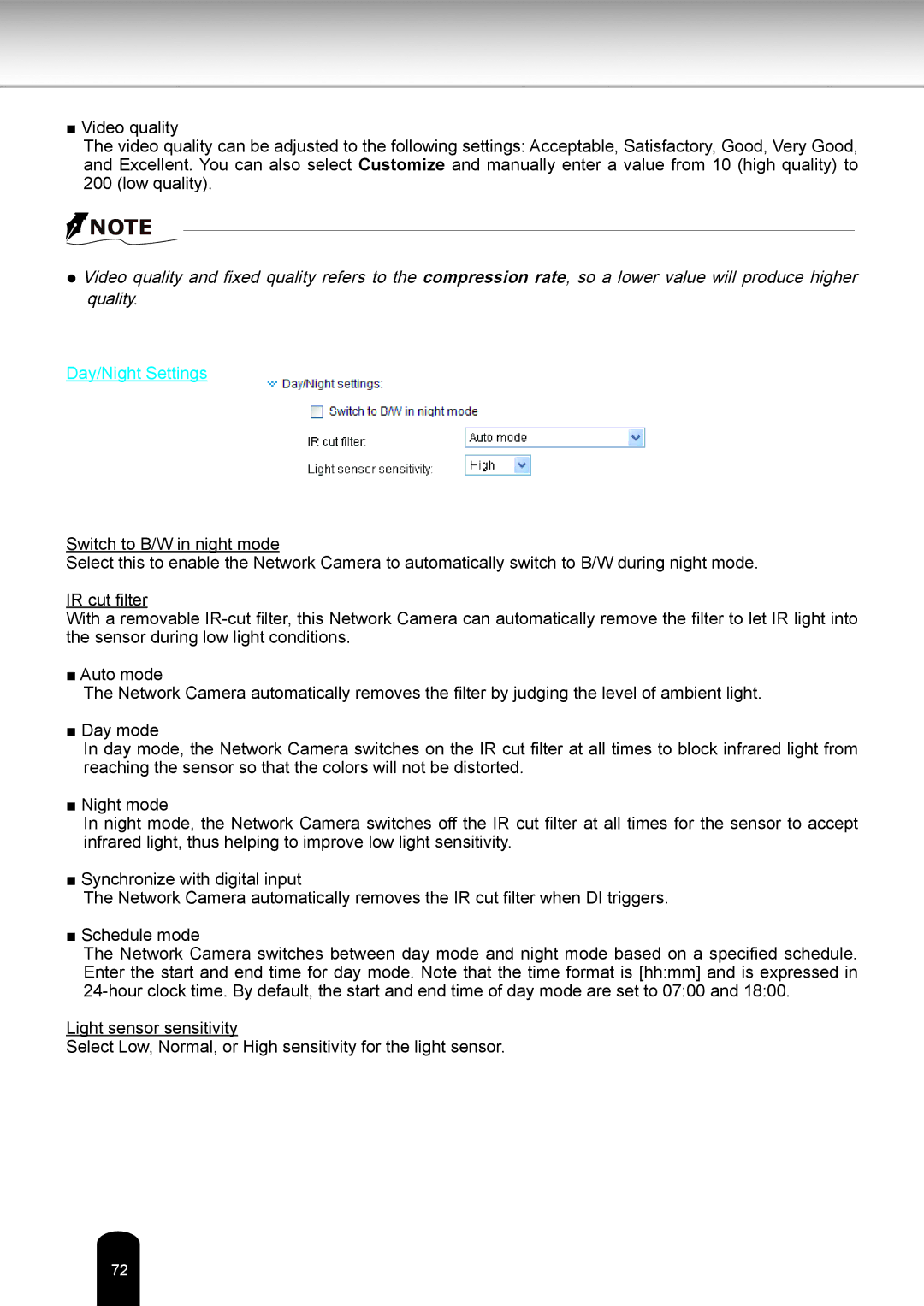 Toshiba IK-WD12A user manual Day/Night Settings 